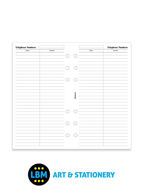 Personal size Telephone Numbers & Name Notepaper Insert Refill 130207