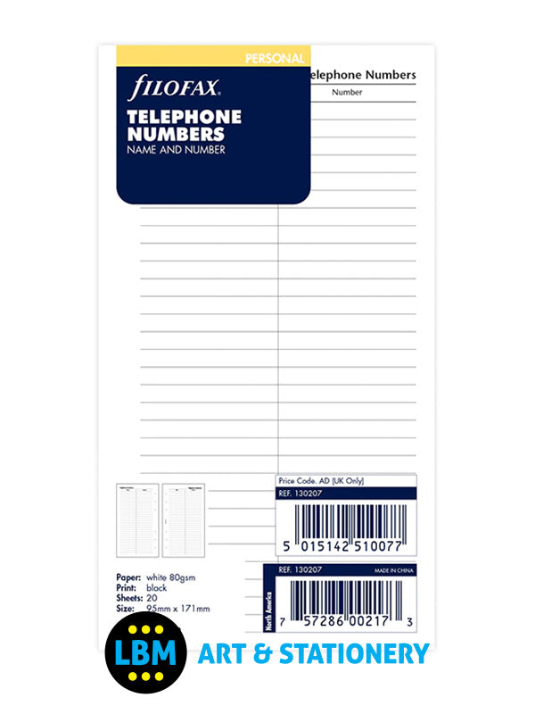 Personal size Telephone Numbers & Name Notepaper Insert Refill 130207