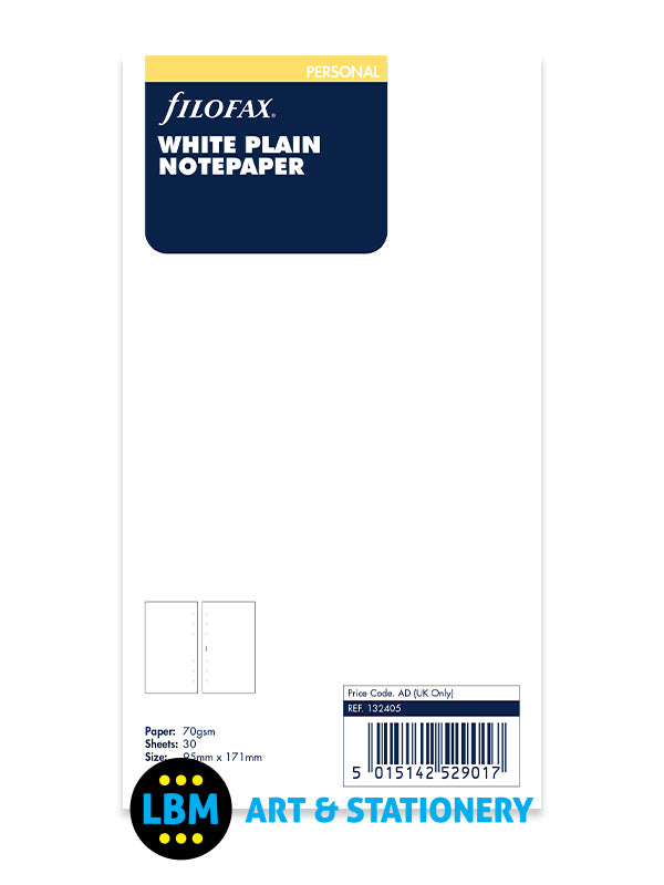 Filofax - Personal size White Plain Blank Notepaper Organiser Refill 132405 - LBM Art & Stationery Store