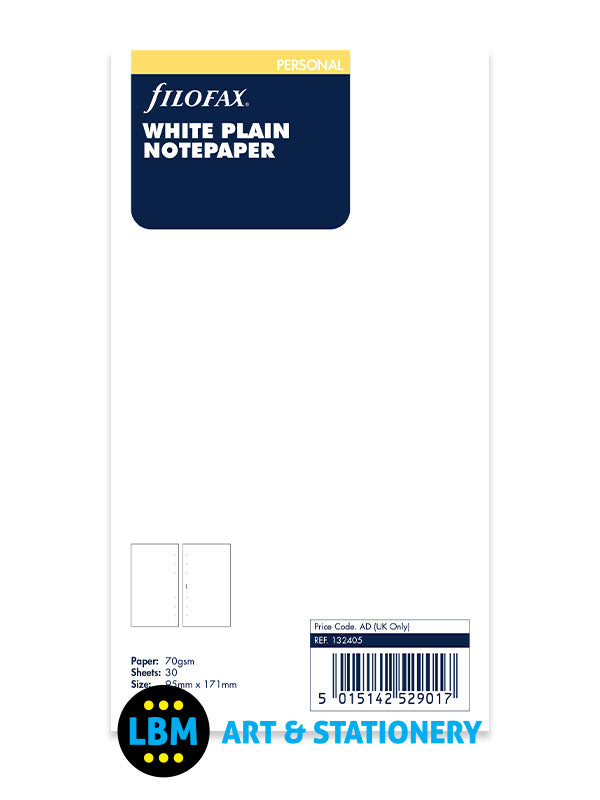 Filofax Personal size White Plain Blank Notepaper Organiser Refill 132405 - LBM Art & Stationery Store