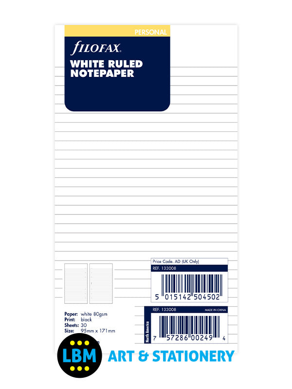 Filofax Personal size White Ruled Notepaper Organiser Refill 133008 - LBM Art & Stationery Store