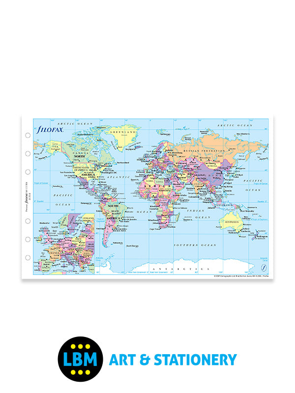 Filofax Personal size World Map Political & Time Zones Insert Refill 131904 - LBM Art & Stationery Store
