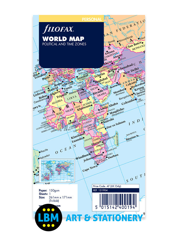 Filofax Personal size World Map Political & Time Zones Insert Refill 131904 - LBM Art & Stationery Store
