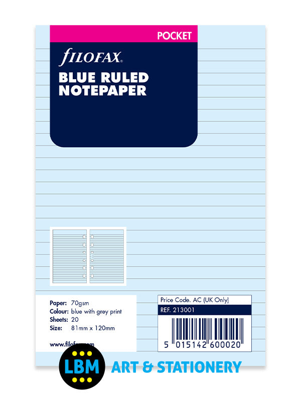 Filofax Pocket size Blue Ruled Lined Notepaper Sheets Organiser Refill 213001 - LBM Art & Stationery Store