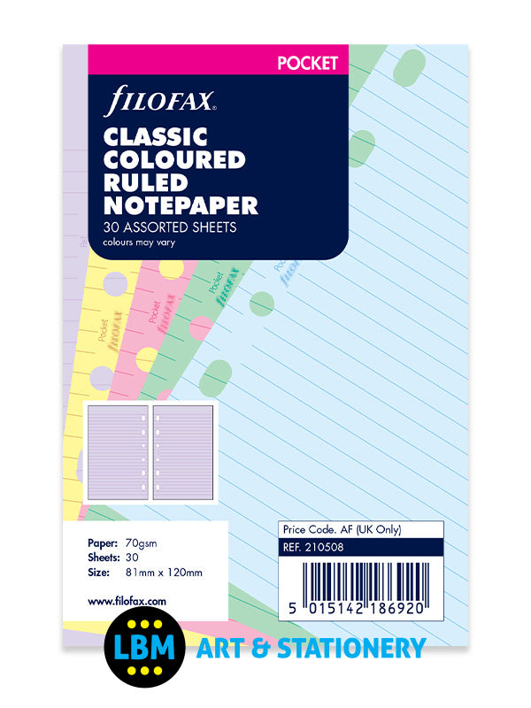 Filofax Pocket size Classic Coloured Notepaper Ruled Refill Insert 210508 - LBM Art & Stationery Store