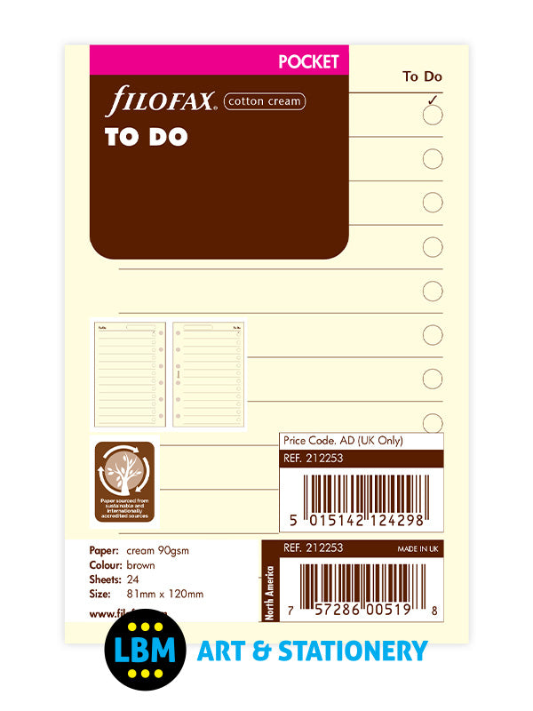 Filofax Pocket size Cotton Cream To Do Notepaper Organiser Refill 212253 - LBM Art & Stationery Store