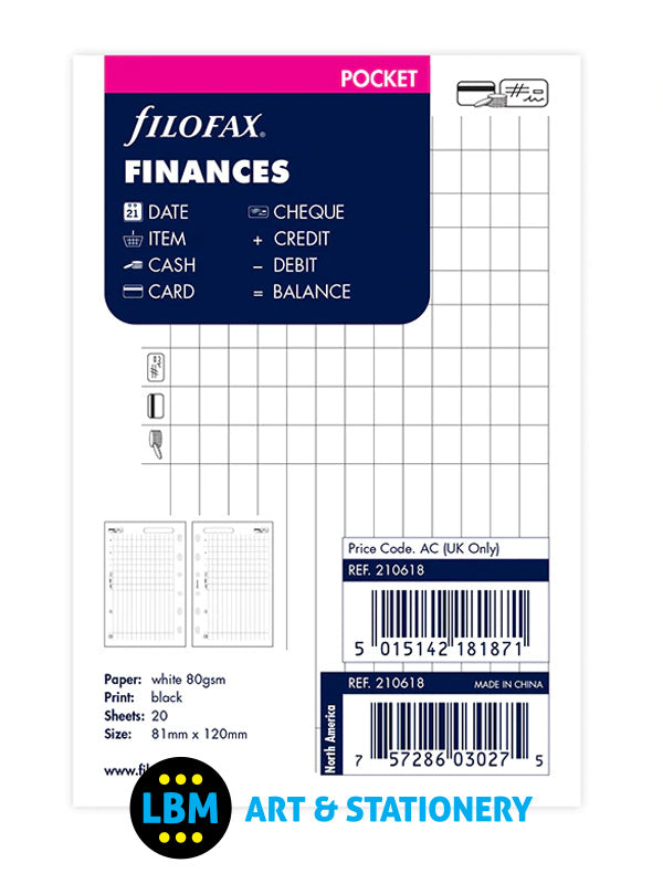 Filofax Pocket size Finances Notepaper Organiser Refill 210618 - LBM Art & Stationery Store