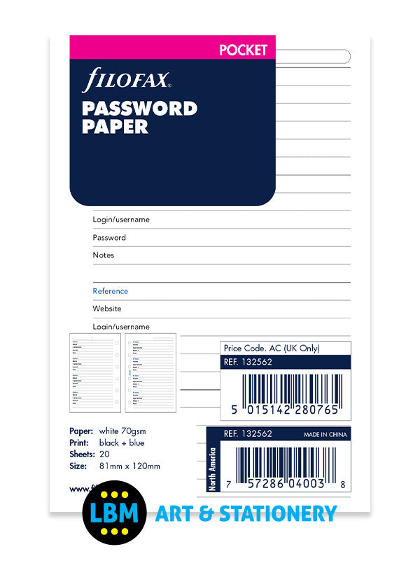 Filofax Pocket size Password Paper Organiser Refill 132562 - LBM Art & Stationery Store