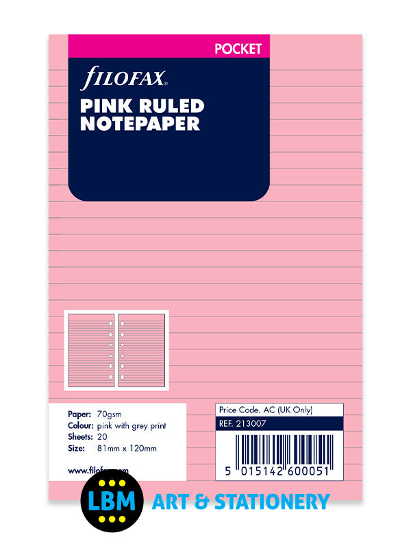 Pocket size Pink Ruled Lined Notepaper Organiser Refill 213007 - LBM Art & Stationery Store