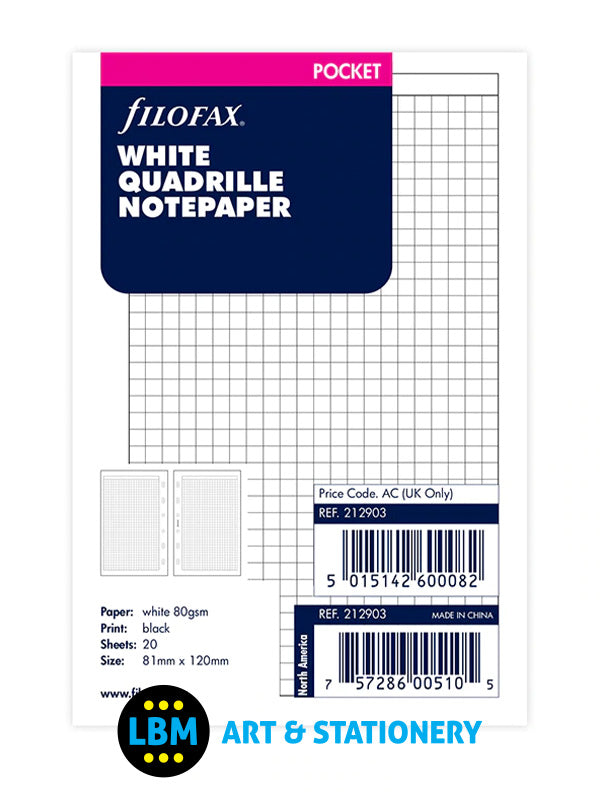 Pocket size White Quadrille Squared Notepaper Organiser Refill 212903