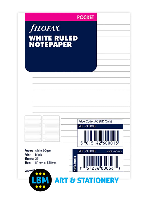 Pocket size White Ruled Notepaper Organiser Refill 213008