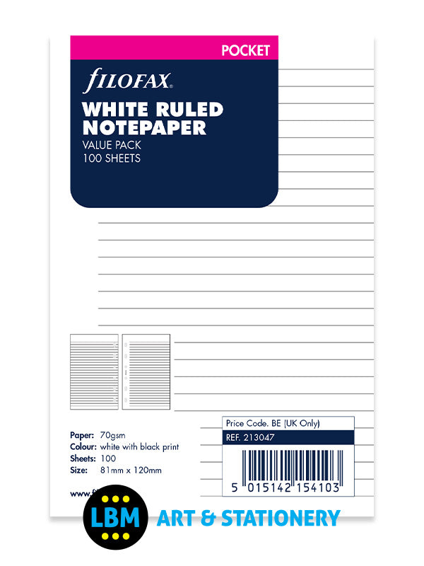 Filofax Pocket size White Ruled Notepaper Value Pack Organiser Refill 213047 - LBM Art & Stationery Store